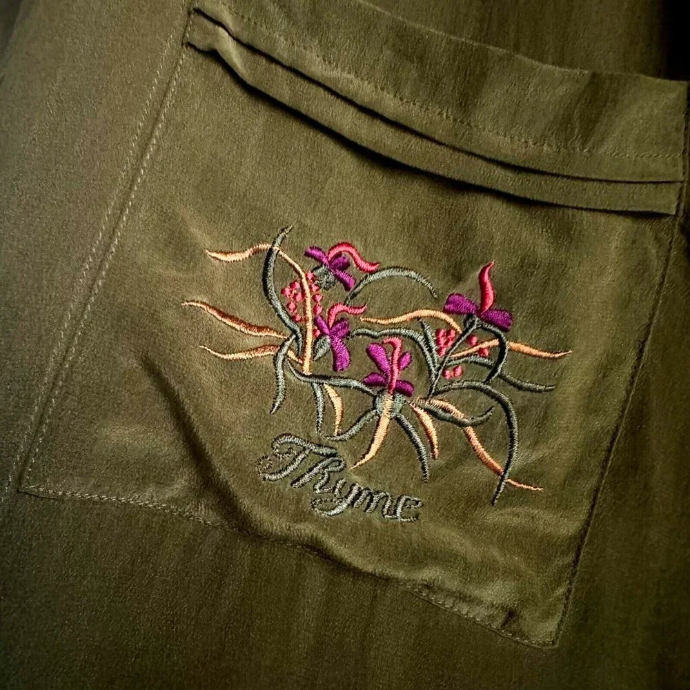 Vintage Jennifer Lane Olive Green Silk floral embroidered Long Sleeve M Shirt - Picture 5 of 7